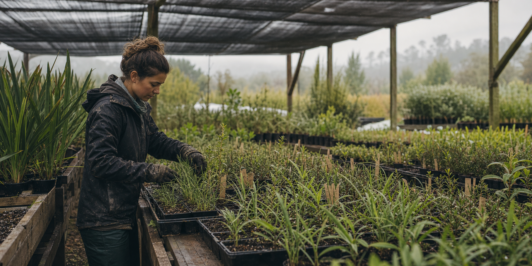 Nursery worker tending young native plants in a Waikato shade house