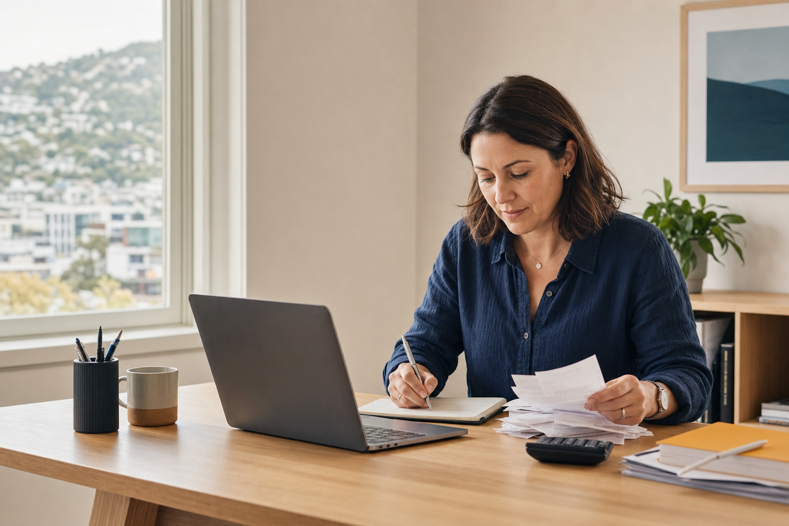 Bookkeeper reviewing records in a Wellington studio