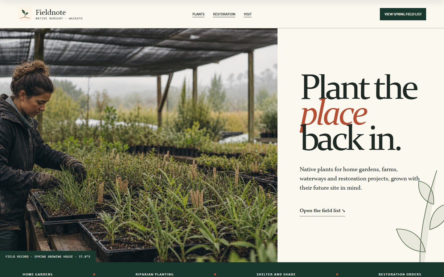 Native plant nursery website concept homepage preview