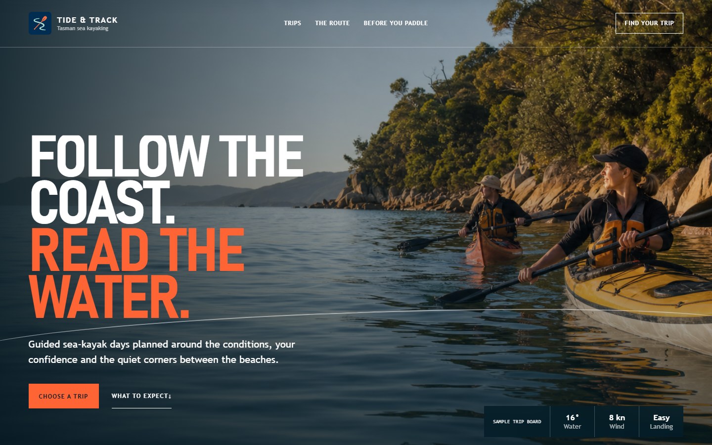 Sea kayak operator website concept homepage preview